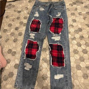 Carmar Blue Boyfriend Jeans with Red Plaid Patches